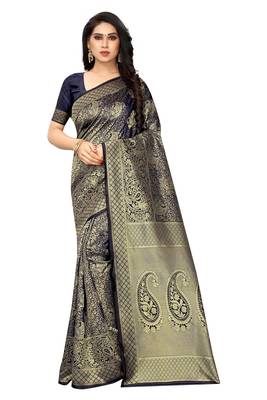 Navy blue woven jacquard saree with blouse 1