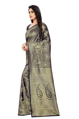 Navy blue woven jacquard saree with blouse 2