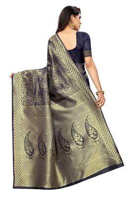 Navy blue woven jacquard saree with blouse 3