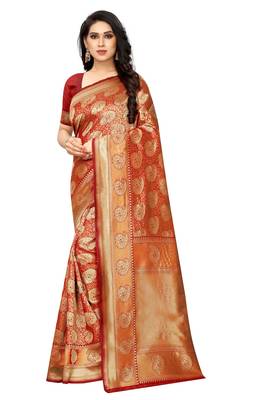 Red woven jacquard saree with blouse 1