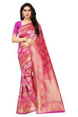 Pink woven jacquard saree with blouse 1