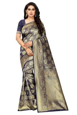 Navy blue woven jacquard saree with blouse 1