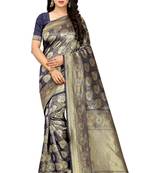 Navy blue woven jacquard saree with blouse