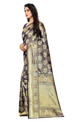 Navy blue woven jacquard saree with blouse 2