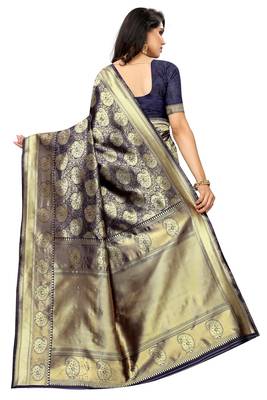 Navy blue woven jacquard saree with blouse 3