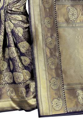 Navy blue woven jacquard saree with blouse 4