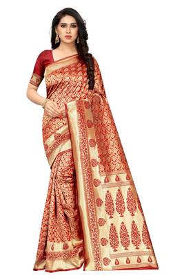 Red woven jacquard saree with blouse 1