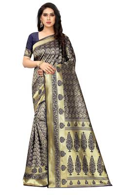 Navy blue woven jacquard saree with blouse 1