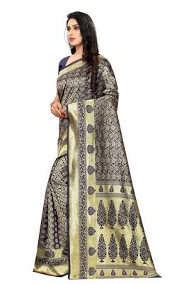 Navy blue woven jacquard saree with blouse 2