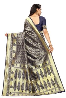 Navy blue woven jacquard saree with blouse 3