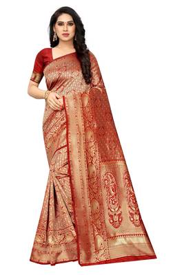 Red woven jacquard saree with blouse 1