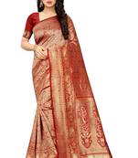 Red woven jacquard saree with blouse