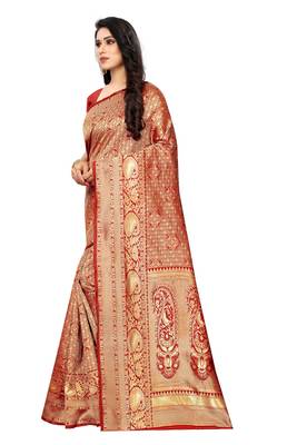 Red woven jacquard saree with blouse 2