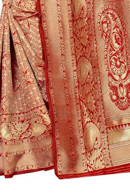 Red woven jacquard saree with blouse 4