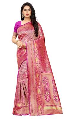 Pink woven jacquard saree with blouse 1
