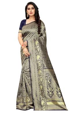 Navy blue woven jacquard saree with blouse 1