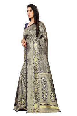 Navy blue woven jacquard saree with blouse 2