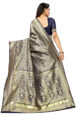 Navy blue woven jacquard saree with blouse 3
