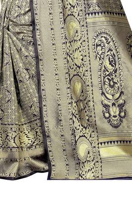 Navy blue woven jacquard saree with blouse 4