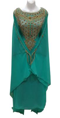 sea green georgette moroccan islamic dubai kaftan farasha zari and stone work dress 1