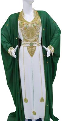 green and white georgette moroccan islamic dubai kaftan farasha zari and stone work dress 1