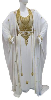 white and white georgette moroccan islamic dubai kaftan farasha zari and stone work dress 1