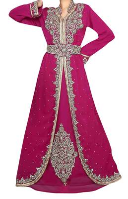 pink georgette moroccan islamic dubai kaftan farasha zari and stone work dress 1