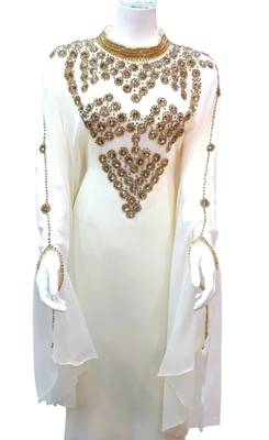 white georgette moroccan islamic dubai kaftan farasha zari and stone work dress 1