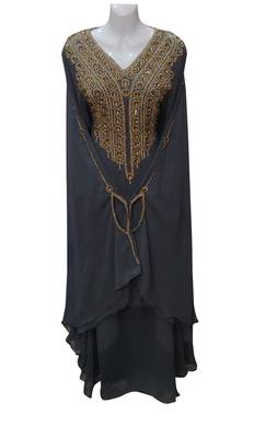 black georgette moroccan islamic dubai kaftan farasha zari and stone work dress 1
