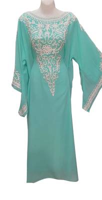 sea green georgette moroccan islamic dubai kaftan farasha aari and stone work dress 1