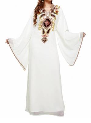 white georgette moroccan islamic dubai kaftan farasha zari and stone work dress 1