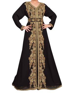 black georgette moroccan islamic dubai kaftan farasha zari and stone work dress 1