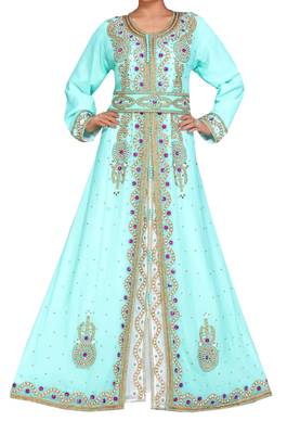 sea green and white georgette moroccan islamic dubai kaftan farasha zari and stone work dress 1