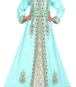 sea green and white georgette moroccan islamic dubai kaftan farasha zari and stone work dress
