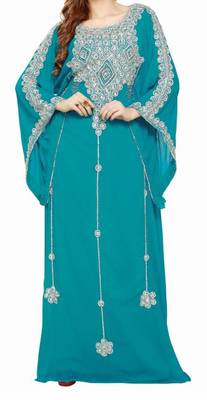 turquoise georgette moroccan islamic dubai kaftan farasha zari and stone work dress 1