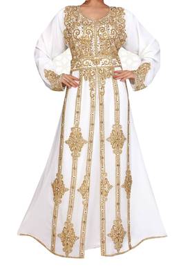 white georgette moroccan islamic dubai kaftan farasha zari and stone work dress 1