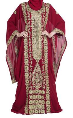 maroon georgette moroccan islamic dubai kaftan farasha zari and stone work dress 1