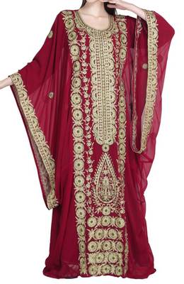 maroon georgette moroccan islamic dubai kaftan farasha zari and stone work dress 2