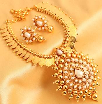 Gorgeous Goldtone White Lakshmi Coin Necklace Set 1