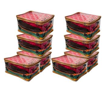 Transparent Saree Cover Garments Storage Bags Wardrobe Organizer Pack of 8 (Golden) 1