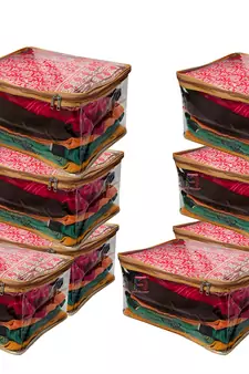 Transparent Saree Cover Garments Storage Bags Wardrobe Organizer Pack of 8 (Golden)