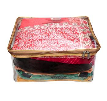 Transparent Saree Cover Garments Storage Bags Wardrobe Organizer Pack of 8 (Golden) 2