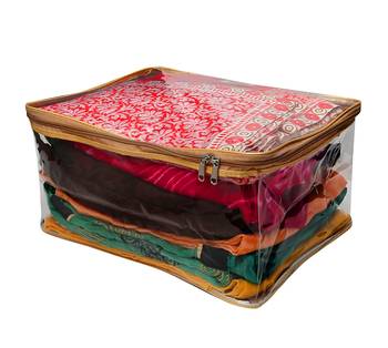 Transparent Saree Cover Garments Storage Bags Wardrobe Organizer Pack of 8 (Golden) 3