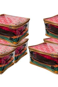 Transparent Saree Cover Garments Storage Bags Wardrobe Organizer Pack of 6 (Golden)