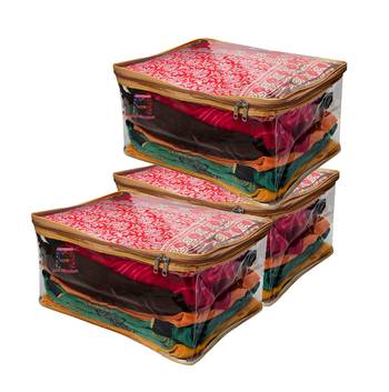 atorakushon Transparent Saree Cover Garments Storage Bags Wardrobe Organizer Pack of 3 (Golden) 1