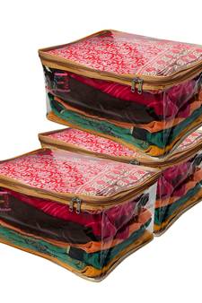 atorakushon Transparent Saree Cover Garments Storage Bags Wardrobe Organizer Pack of 3 (Golden)