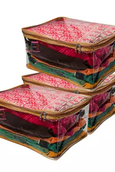 atorakushon Transparent Saree Cover Garments Storage Bags Wardrobe Organizer Pack of 3 (Golden)