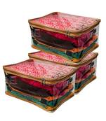atorakushon Transparent Saree Cover Garments Storage Bags Wardrobe Organizer Pack of 3 (Golden)