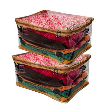Atorakushon Transparent Saree Cover Garments Storage Bags Wardrobe Organizer Pack of 2 (Golden) 1