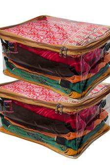 Atorakushon Transparent Saree Cover Garments Storage Bags Wardrobe Organizer Pack of 2 (Golden)